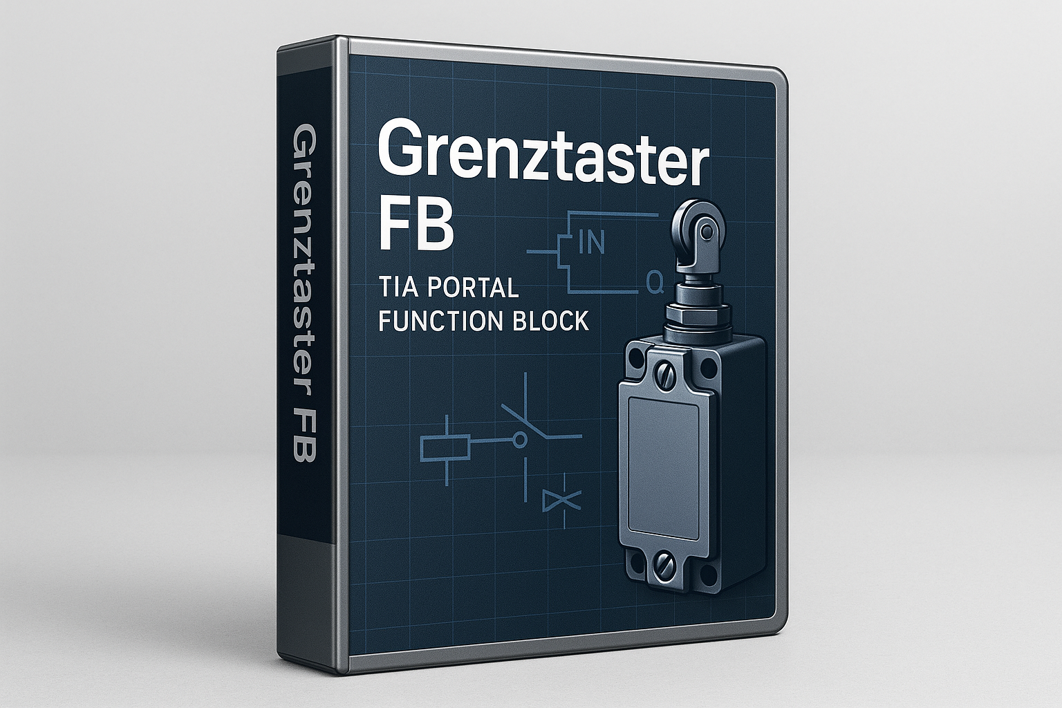 Es ist ein FB Baustein aus Tia Portal ".Grenztaster" es wird ein echter GrenzTaster  damit Simuliert es soll als Box oder CD hülle ähnlichem dargestellt da es nur als Download ja verfügbar ist Siemens LOGO Schrift weglassen gerne auf englich 
