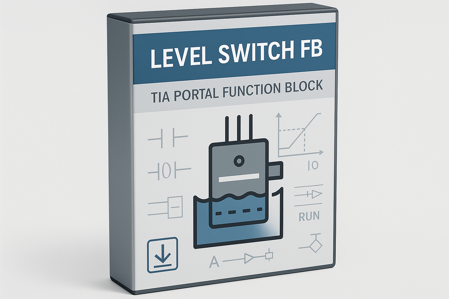 Es ist ein FB Baustein aus Tia Portal niveaschalter es wird ein echter niveaschalter damit Simuliert es soll als Box oder CD hülle ähnlichem dargestellt da es nur als Download ja verfügbar ist Siemens LOGO Schrift weglassen gerne auf englich 