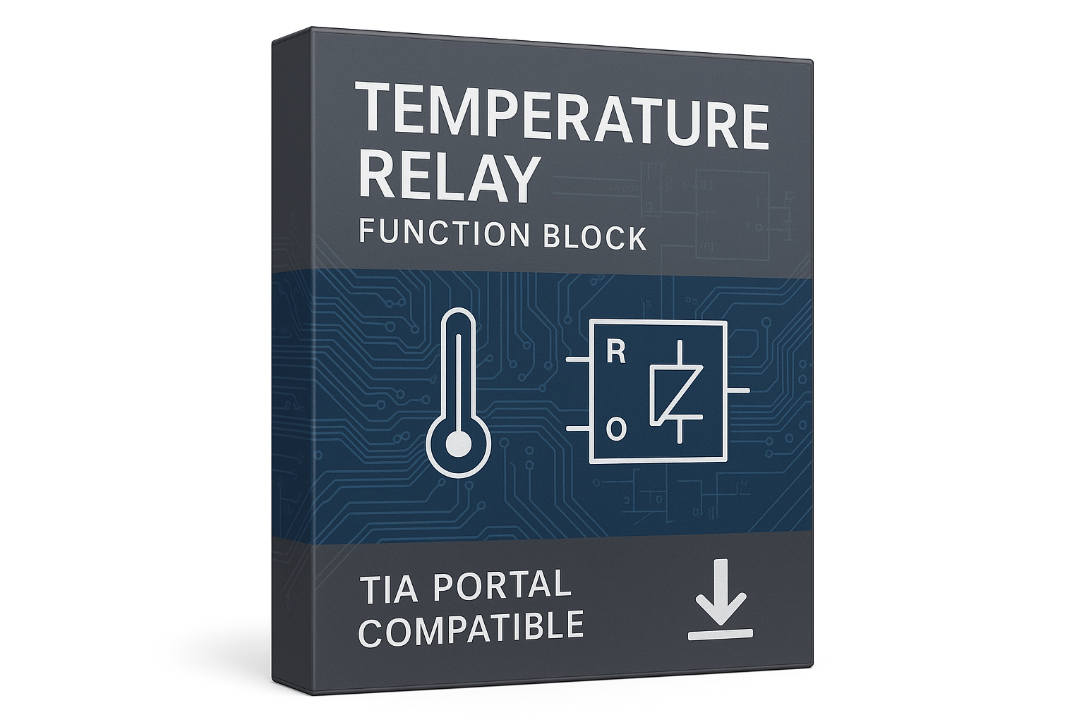 Es ist ein FB Baustein aus Tia Portal "Temperaturrelais" es wird ein echter Temperaturrelais damit Simuliert es soll als Box oder CD hülle ähnlichem dargestellt da es nur als Download ja verfügbar ist Siemens LOGO Schrift weglassen gerne auf englich 