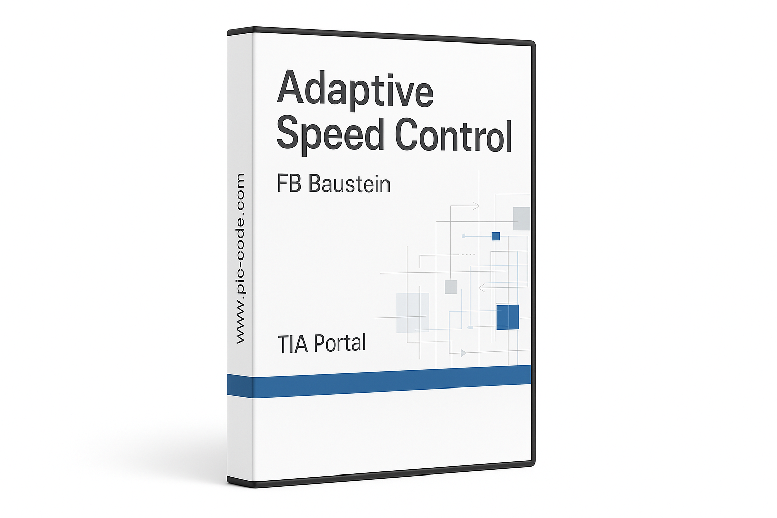 Es soll ein weisen hintergund sein und eine Box form wie eine DVD software box für einen FB Baustein "Adaptive Speed Control"! für Tia Portal "Siemens logo oder name darf nicht verwendet werden" an der seite dan www.plc-code.com kein DVD zeichen oder so auch keine SOftware als wort