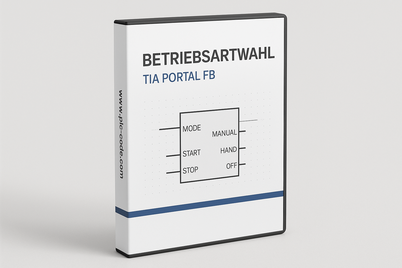 Es soll ein weisen hintergund sein und eine Box form wie eine DVD software box für einen FB Baustein "Betriebsartwahl! für Tia Portal "Siemens logo oder name darf nicht verwendet werden" an der seite dan www.plc-code.com kein DVD zeichen oder so auch keine SOftware als wort