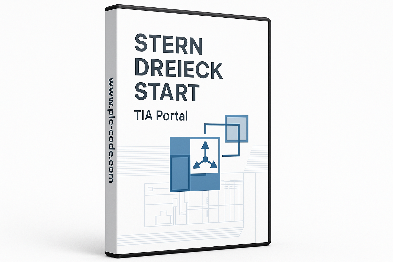 Es soll ein weisen hintergund sein und eine Box form wie eine DVD software box für einen FB Baustein "Stern Dreieck Start! für Tia Portal "Siemens logo oder name darf nicht verwendet werden" an der seite dan www.plc-code.com kein DVD zeichen oder so auch keine SOftware als wort
