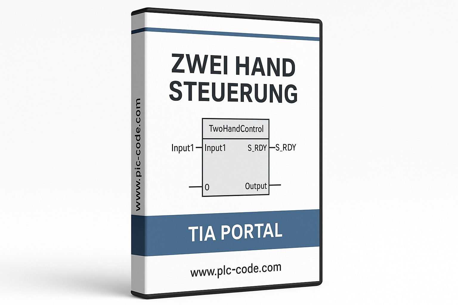 Es soll ein weisen hintergund sein und eine Box form wie eine DVD software box für einen FB Baustein "Zwei Hand Steuerung"! für Tia Portal "Siemens logo oder name darf nicht verwendet werden" an der seite dan www.plc-code.com kein DVD zeichen oder so auch keine SOftware als wort