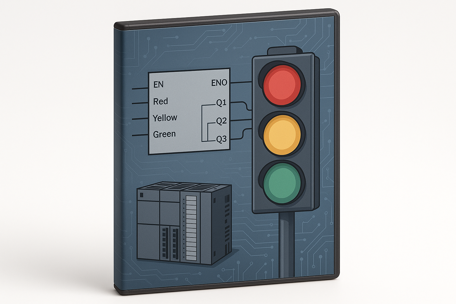 hier soll auf einer box also wie dvd box (ohne zeichen wie dvd oder siemens) ein FB Baustein bzw funktion oder projekt Ampelsteuerung dargestellt werden für Tia Portal 