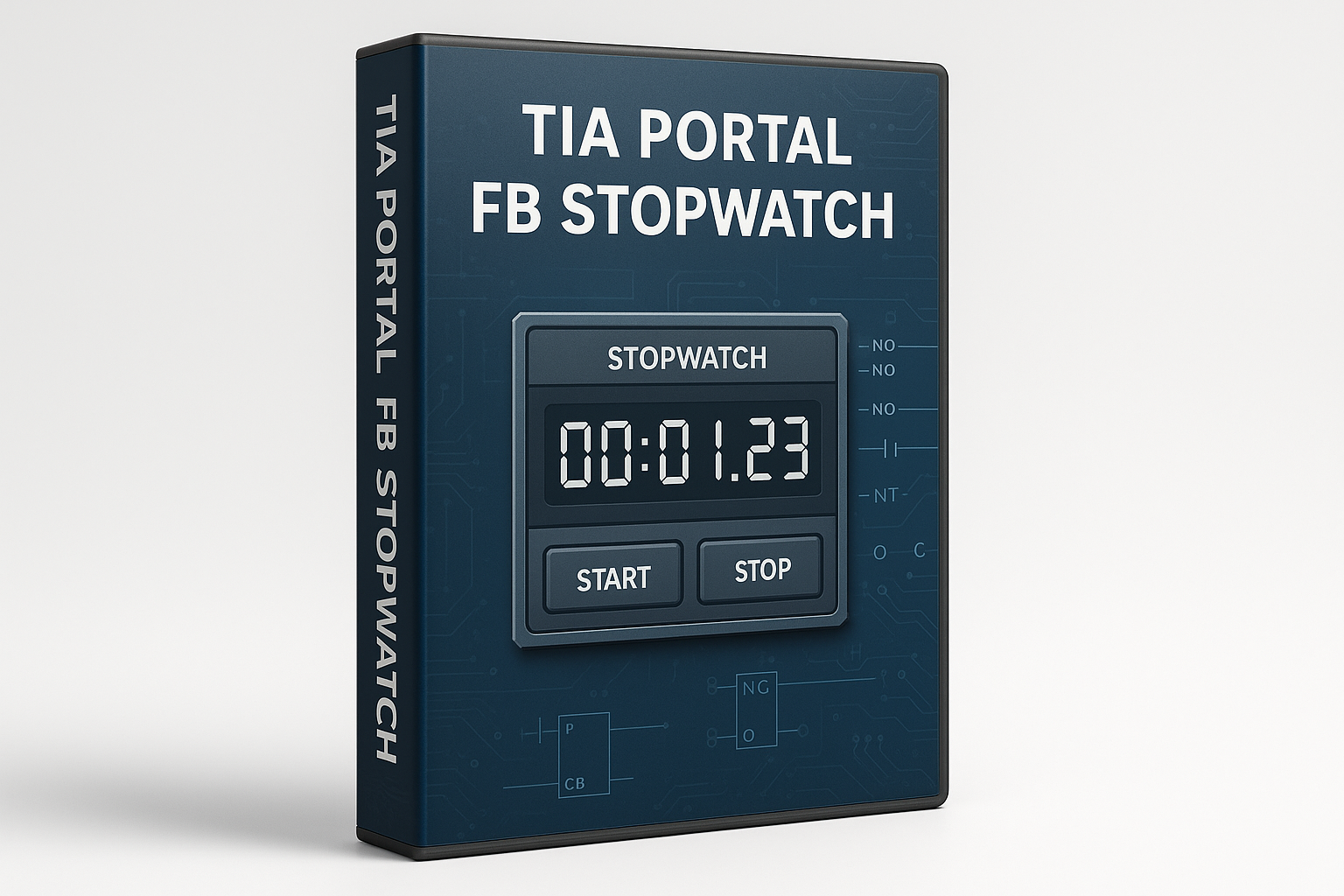 hier soll auf einer box also wie dvd box (ohne zeichen wie dvd oder siemens) ein FB Baustein bzw funktion oder projekt Stopuhr dargestellt werden für Tia Portal  