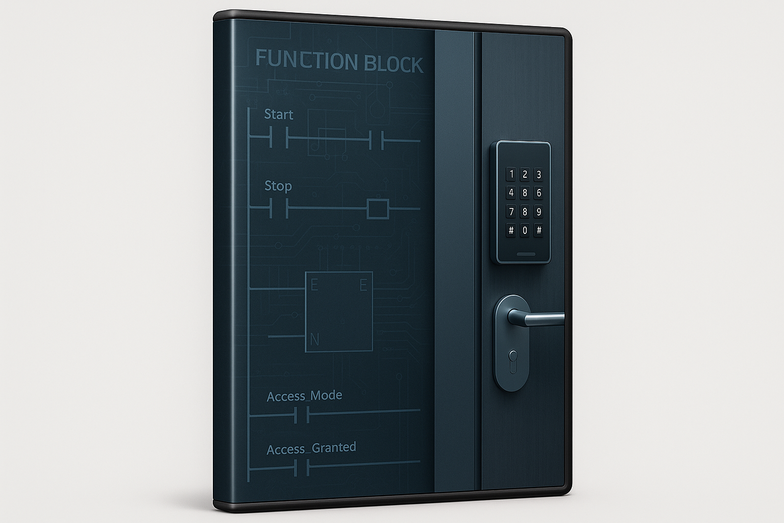 hier soll auf einer box also wie dvd box (ohne zeichen wie dvd oder siemens) ein FB Baustein bzw funktion oder projekt Tür mit Code dargestellt werden für Tia Portal auf englich 