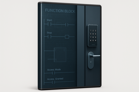 hier soll auf einer box also wie dvd box (ohne zeichen wie dvd oder siemens) ein FB Baustein bzw funktion oder projekt Tür mit Code dargestellt werden für Tia Portal auf englich 